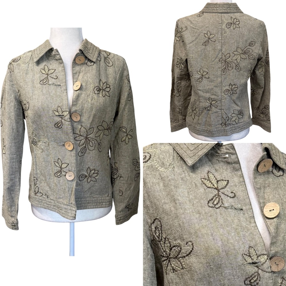 Vtg 90s Y2k Boho Jacket Womens S Linen Blend Floral Embroidered Art to Wear Eart